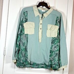 POL Women's Shacket XL NWOT Sage Green Black Patchwork Button Down Cotton Collar